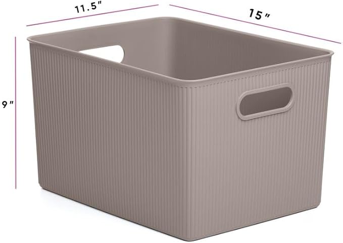 Decorative Plastic Basket Open Home Storage Bins Organizer, X-Large Taupe (2 Pack) Container Boxes for Organizing Closet Storage Bins for Shelves Drawer Shelf - Ribbed Collection 22 Liter/23 Quart