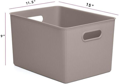 Decorative Plastic Basket Open Home Storage Bins Organizer, X-Large Taupe (2 Pack) Container Boxes for Organizing Closet Storage Bins for Shelves Drawer Shelf - Ribbed Collection 22 Liter/23 Quart