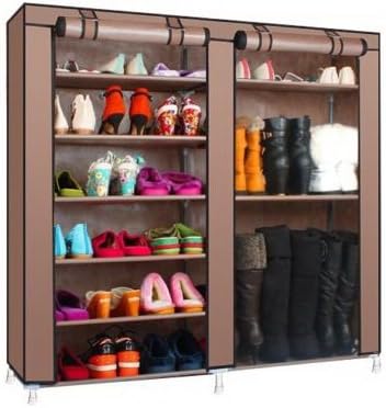 lapday 27-Pairs Portable Boot Rack, Double Row Shoe Rack Covered with Nonwoven Fabric,Space Saving Closet Shoe Cabinet Tower (Coffee)