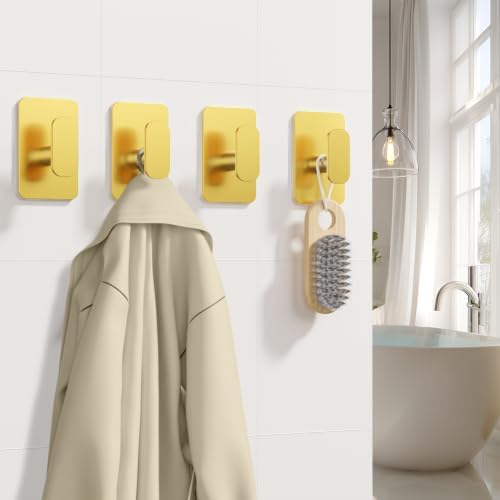 6 Pack Large Heavy Duty Wall Hooks - 26lb Max, Stainless Steel Adhesive Towel Hooks for Hanging Towel, Coat, Robe, Hat, Sticky Towel Holder for Wall Mount in Bathroom, Shower, Kitchen - Gold - Image 2