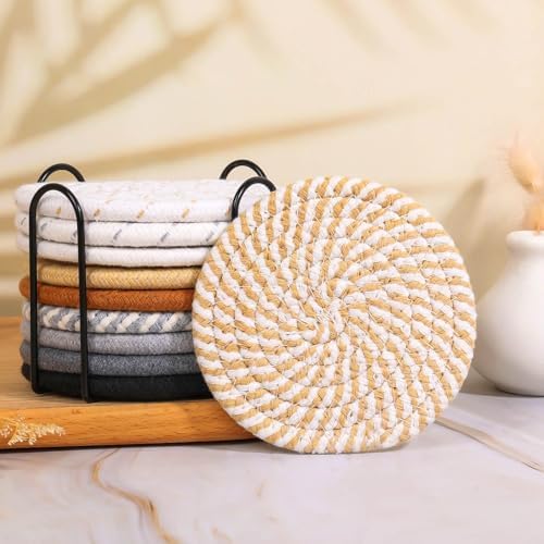 Billbotk 10 Pieces Coasters for Drinks, 10 Colors Absorbent Drink Coasters with Holder, Table Coaster Set for Home Decor, Apartment Decor Aesthetic, Living Room Essentials, 4.3 Inches - Image 7