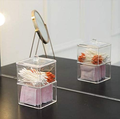 Square Acrylic Cotton Ball Pads Gauze Swab Holder Organizer Q-tip Dispenser Storage Canister Bathroom Container Flossers Box Case (3.5 x 3.5 x 5.3 inches, Two Tiers, Transparent)