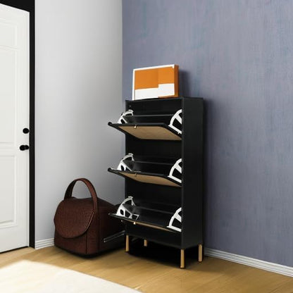 ZeHuoGe Rattan Shoe Cabinet with 3 Flip Drawers, Narrow Hidden Shoe Rack Storage Cabinet for Heels, Slippers, Entrance Hallway Entryway (Black)