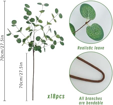 Agusbagli 18 Pcs Artificial Eucalyptus Leaves 28'' Tall Faux Eucalyptus Silver Dollar Leaf Branches Greenery Stems Decorations for Vase Home Wedding Party Centerpieces Floral Arrangements - Image 3