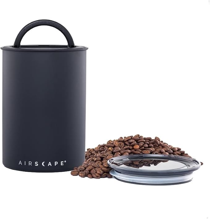 AirScape Planetary Design Stainless Steel Coffee Canister | Food Storage Container | US Patented Inner Plunger Lid REMOVES Excess Oxygen | Don't Buy airtight, Buy AIR-Less | (Medium, Matte Black)