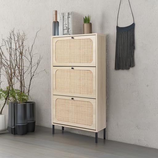 ZeHuoGe Natural Rattan Cabinet with 3 Flip Drawers, Free Standing Modern 3-Tier Shoe Storage Rack for Heels, Slippers, Entrance Hallway Entryway （3 Drawers）
