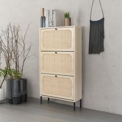 ZeHuoGe Natural Rattan Cabinet with 3 Flip Drawers, Free Standing Modern 3-Tier Shoe Storage Rack for Heels, Slippers, Entrance Hallway Entryway （3 Drawers）