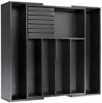 VaeFae Bamboo Silverware Drawer Organizer Kitchen, Expandable Utensil Organizer with Knife Block, Cutlery Tray with Divider, Multifunctional Drawer Organizer (Black)