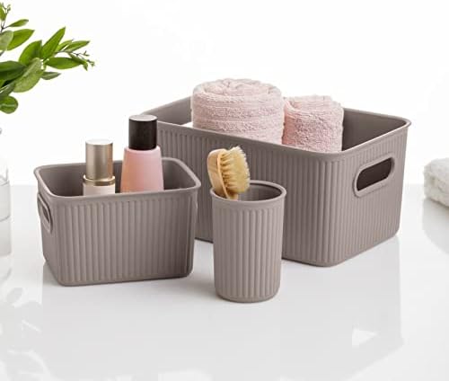 Decorative Plastic Basket Open Home Storage Bins Organizer Baskets, Small Taupe (6 Pack) Container Boxes for Organizing Closet Storage Bins for Shelves Drawer Shelf - Ribbed Collection 1.5 Liter