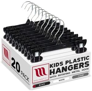 MAINETTI - 6008SMB20 Mainetti 6008 Black Plastic Children's Hangers - 20 Pack with Rotating Metal Hook and Sturdy Plastic Non-Slip Clips, Great for Pants/Skirts/Slacks/Bottoms, 8 Inch