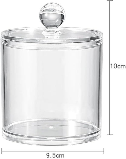 Acrylic Makeup Organizer Cosmetic Storage Display Case Makeup Brush Cotton Ball Pads Swab Q-tip Holder Lipstick Dispenser Canister Bathroom Container (3.7x3.7x3.9in, 1 Box, Clear)