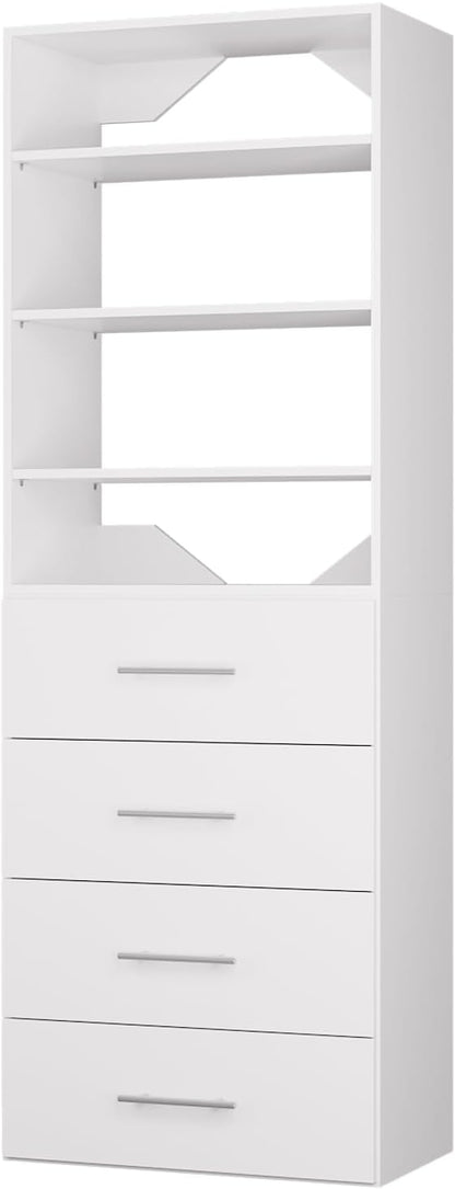 ROOMTEC Modular Closet System, 19.5" 4 Drawer Shelf Closet Tower Wall-Mounted Closet Organizer, Wooden Tower for Walk-In Closets, Wardrobe Storage Kit, White