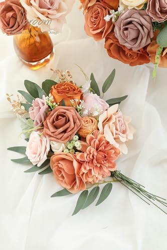 Floroom Terracotta Artificial Flowers Burnt Orange Fake Roses Peonies Dahlias and Greenery Combo Box Set for DIY Wedding Bouquets Bridal Shower Centerpieces Floral Arrangements Party Tables Decoration - Image 2