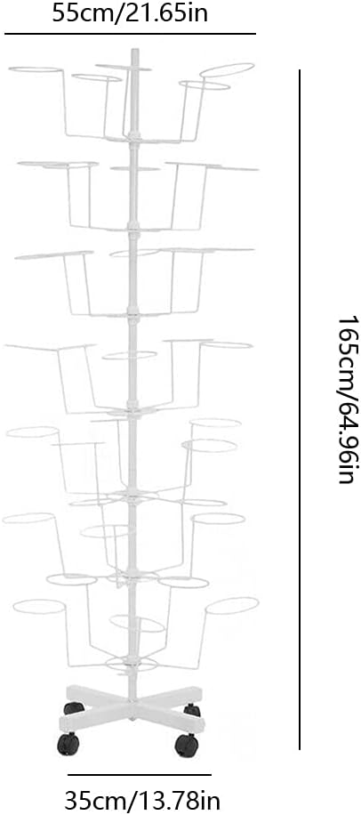 7 Tier Hat Display Metal Stand 35 Holders Cap Display Rotating Rack w/ 4 Wheels (White)