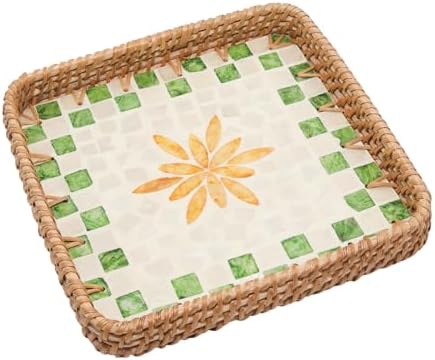 Square Rattan Decorative Tray with Mother of Pearl Inlay, 8.3" by Unknown