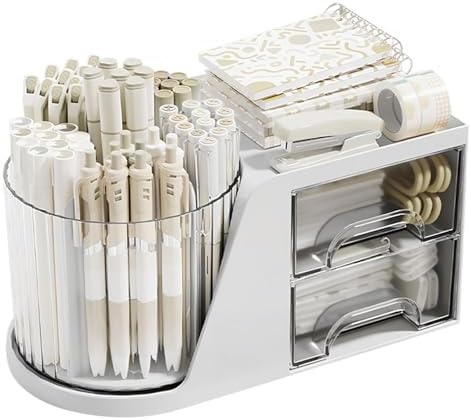 Desk Organizer with Rotating Pencil Pen Holder and 2 Small Drawers, Desk Caddy for Office Workspace Organization and Storage (White) by SZDPC