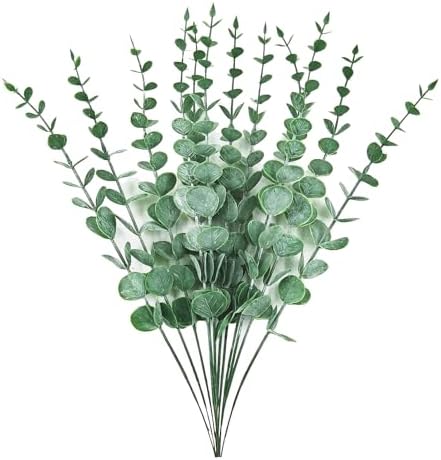 ABAJI Plastic Eucalyptus Green Spraying Frost Stems 12 Fake Faux Decorations Artificial Leaves Greenery Plant Leaf Home Office House Table Desk Decor Wedding Party Vase Forever Live by ABAJI