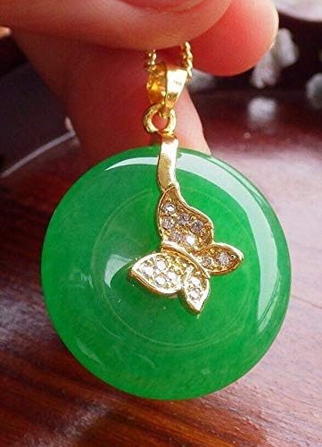 Yellow Gold Plate Green JADE Pendant Circle leaf Chain Diamond Imitation 101478, 24mm X 5mm