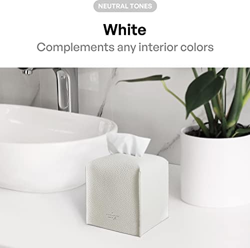 Carrotez Tissue Box Cover, Refined Modern PU Leather Square Holder - Decorative Holder/Organizer for Bathroom Vanity Countertop, Night Stands, Office Desk & Car 5"X5"X5" White (Pack of 3) - Image 3