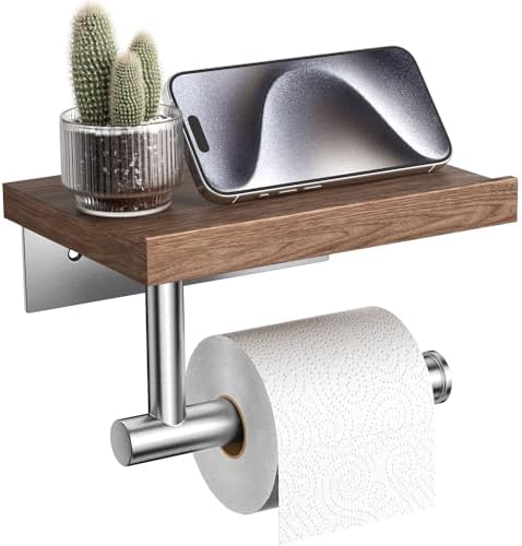 Tindbea Toilet Paper Holder with Wood Shelf, Wooden Wall Mount Tissue Paper Roll Holder, Brushed Nickel Stainless Steel Bathroom Accessories Decor Household Home Apartment Restroom Essentials (Walnut) by Tindbea