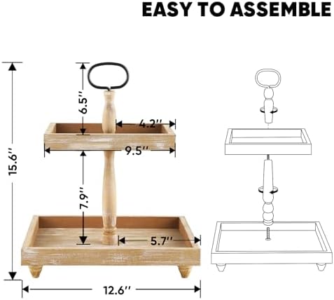 Tiered Tray Stand, Rustic Wooden 2 Tier Decorative Tray with Bead Garland, Farmhouse Square Wood Serving Tray Counter Centerpiece for Coffee Bar Home Decor Thanksgiving Housewarming Gifts (Brown) - Image 3
