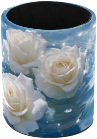 Leather Pen Holder for Desk, White Rose Pencil Cup Pen Organizer Makeup Brush Holder for Office Home Kids Countertop Desk Accessory Storage by Unknown