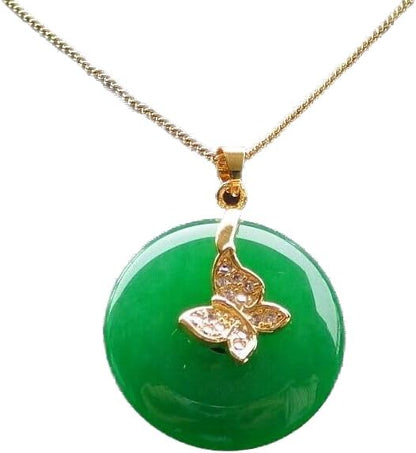 Yellow Gold Plate Green JADE Pendant Circle leaf Chain Diamond Imitation 101478, 24mm X 5mm
