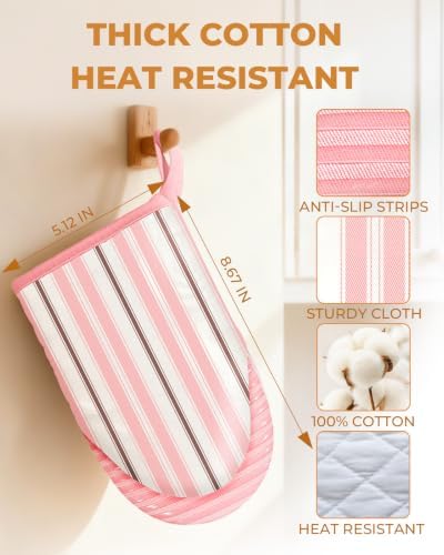 100% Thick Cotton Mini Oven Mitts Silicone Grip Pink Stripe - Image 2