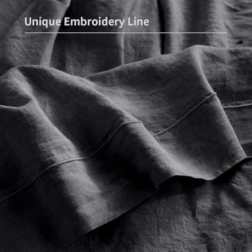 100% French Linen Pillowcases with Embroidery - Pack of 2 - Washed Solid Color Natural Flax Soft Breathable - Dark Grey, 20'' x 30'' - Image 6