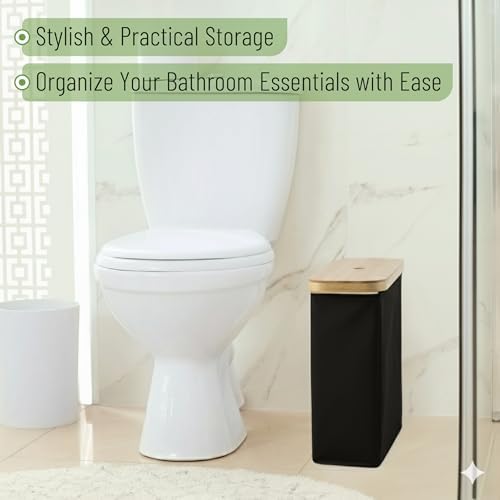 BAMBOO LAND- Toilet Paper Storage with Bamboo Lid for 12 Rolls, Black, Waterproof Bamboo Toilet Paper Holder Basket - Image 4
