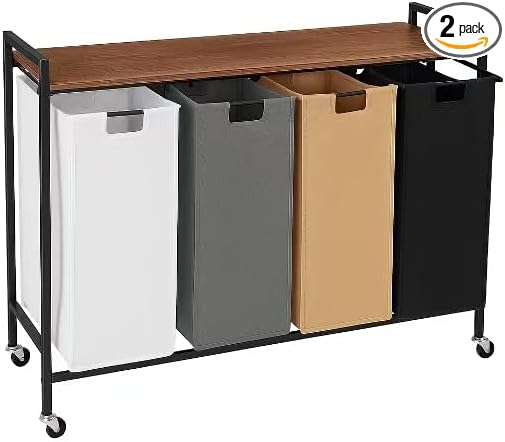 Laundry Sorter 3 Section, Rolling Laundry Hamper with Shelf, 3 Compartment Laundry Basket with Lid, Organizer Rustic Wooden Top (4baskets)