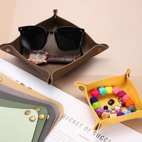 uxcell 2 Pcs Leather Valet Tray, Folding Jewelry Tray Organizer Square Travel Dish Plate Desk Organizer for Women and Men Storage Jewelry Keys Wallet Coin (2 Sizes, Beige) - Image 7