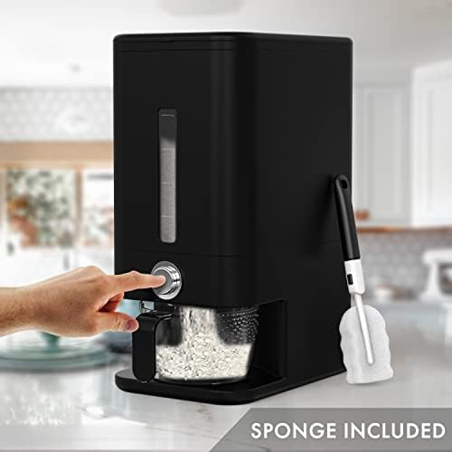 Rice Dispenser - 26.5 lbs Rice Storage Container with Measuring Cup, Rice Scoop & Sponge – Large Cereal Grain Bucket with Scale for Kitchen Pantry Organization, BPA-free, Airtight (Black)