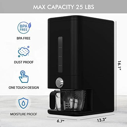 Rice Dispenser - 26.5 lbs Rice Storage Container with Measuring Cup, Rice Scoop & Sponge – Large Cereal Grain Bucket with Scale for Kitchen Pantry Organization, BPA-free, Airtight (Black)
