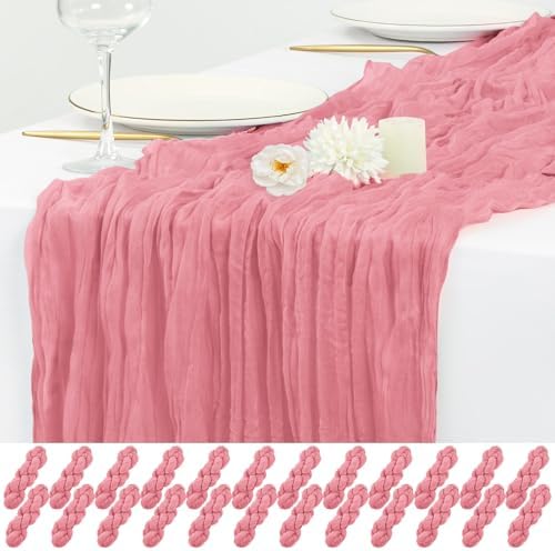 24 Pack Dusty Rose Cheesecloth Table Runner 17x108 Inch Gauze Table Runners, Semi Sheer Boho Cheese Cloth Fabric Table Runner for Wedding Party Baby Shower Bridal Shower Home Decoration by Flowgrace