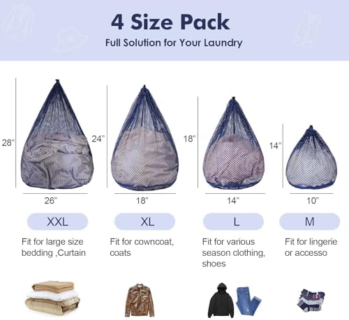 4Pcs Mesh Laundry Bags Washing Machine Mesh Wash Bags for Clothes,Underwear,Lingerie, Bed Linen with Drawstring Closure Sturdy(4 Size, Blue) - Image 6