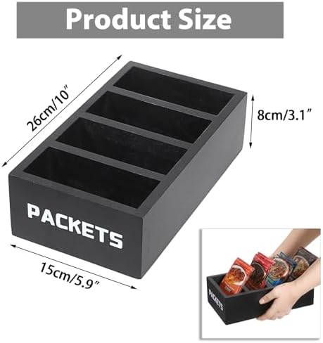 BSTKEY Seasoning Packet Organizer, Food Packet Storage Organizer with 4 Compartments, Black Wooden Storage Caddy for Kitchen Pantry Cabinet, Farmhouse Kitchen Organization Bin for Snacks Spice Packets - Image 2