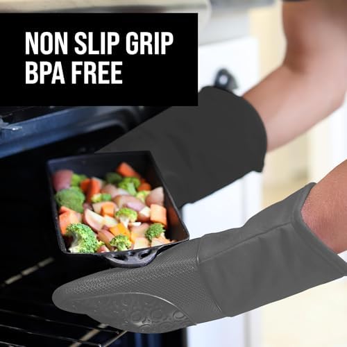 BPA-Free Soft Silicone Oven Mitts - Ultra Heat Resistant Oven Mitts with Thick Cotton Liner - Long Slip Resistant Pot Holders, Flexible Oven Gloves - Gray 13.7" - Image 4