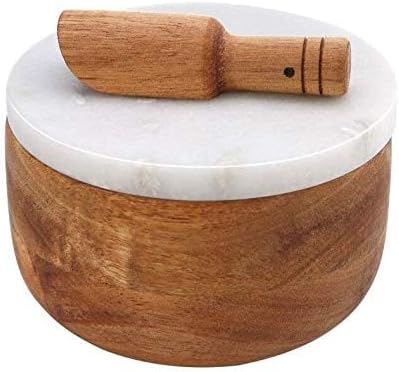 Large Acacia Wood Seasonings Condiments Pinch Bowl Spice and Spoon Salt Cellar Box Storage Jar White Marble Lid