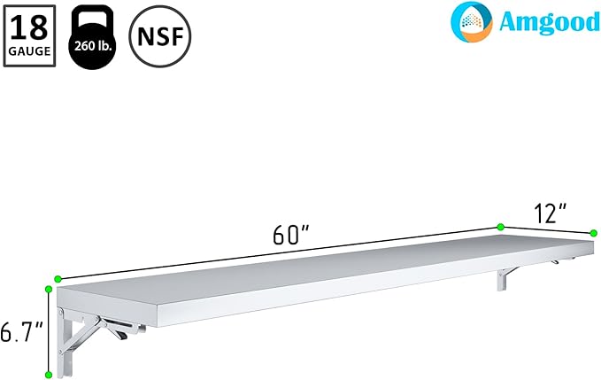 AmGood Stainless Steel Folding Wall Shelf 12 in. x 60 in. NSF | Concession Stand, Food Truck, Kitchen, Restaurant, Garage, Laundry, Utility Room
