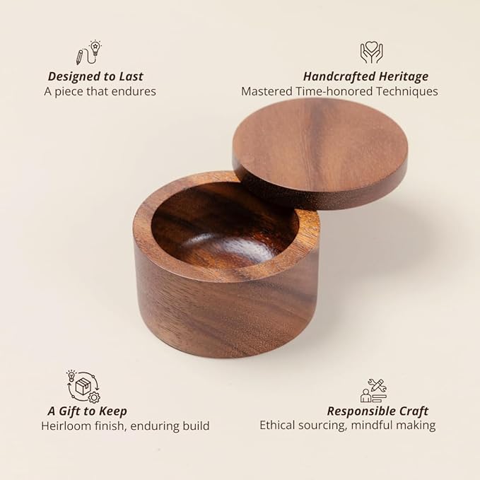 SiamMandalay Wooden Salt Cellar Box or Wood Spice Storage Container with Swivel Lid (6 oz,170 grams) – Countertop Handmade Acacia Herb, Tea Leaf, Sugar or Seasoning Holder Kitchen Accessory