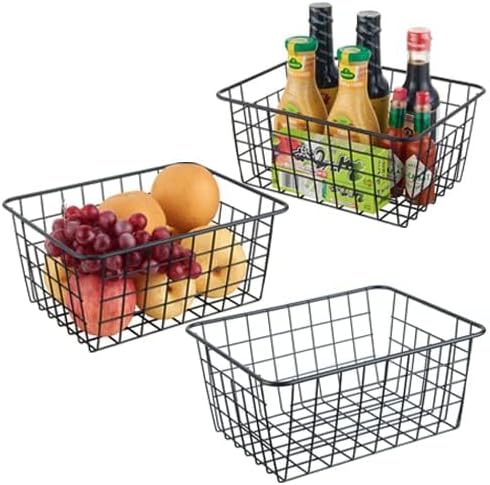 JUNCHU CHERRY Wire Kitchen Storage Basket 3 Packs,Perfect Pantry Organization Accessories Baskets,Laundry Basket,Countertop Organization,Suitable for Kitchen,Bathroom,Bedroom,Tabletop,Stackable,Black