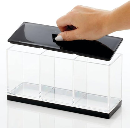 mDesign Cosmetic Divided Organizer Storage Canister Box with 3 Sections and Lid for Bathroom Vanity Countertop - Holder for Cotton Swabs, Perfume, Lipstick - Lumiere Collection - Clear/Black