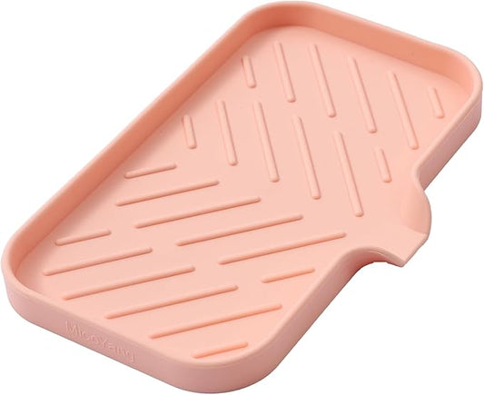 MicoYang Silicone Bathroom Soap Dishes with Drain Spout-Bathroom and Kitchen Sink Organizer,Sponge Holder,Dish Soap Tray,Perfect for Dispenser,Scrubber,Bottle,Cup on Sink or Counter-Pink 9.6"×5.3"