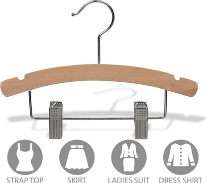 Wooden Kids Combo Hanger w/Adjustable Cushion Clips, Box of 50 12 Inch Wood Top Hangers w/Natural Finish & Chrome Swivel Hook for Childrens Clothes