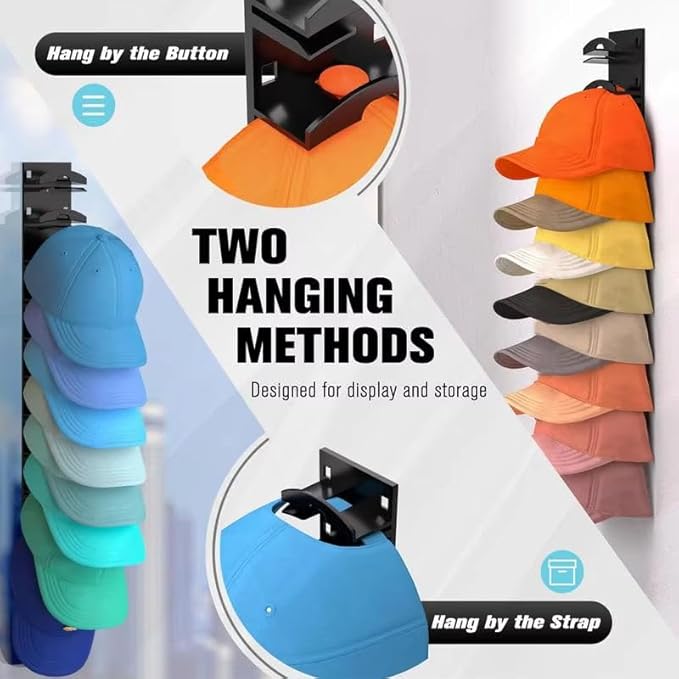 Baseball cap storage box set of 2 - Wall-mounted hat rack, a design suitable for wall-mounted hat racks, saves space and features a built-in spring clip hat hanging storage device (black)