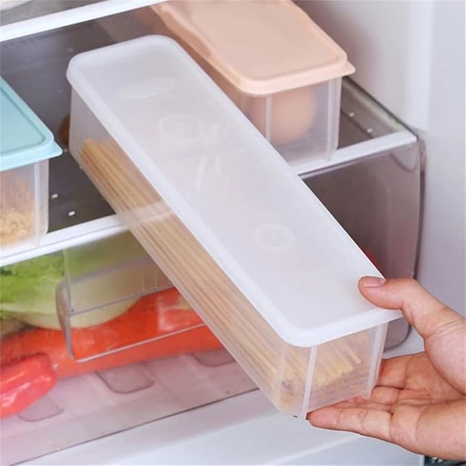 Noodle Storage Box, Plastic Pasta Storage Container Kitchen Spaghetti Food Storage Box with Lid Fridge Airtight Organizer for Noodles, Eggs, Fruits Snacks (Transparent,11.4x2.55x3.14in)