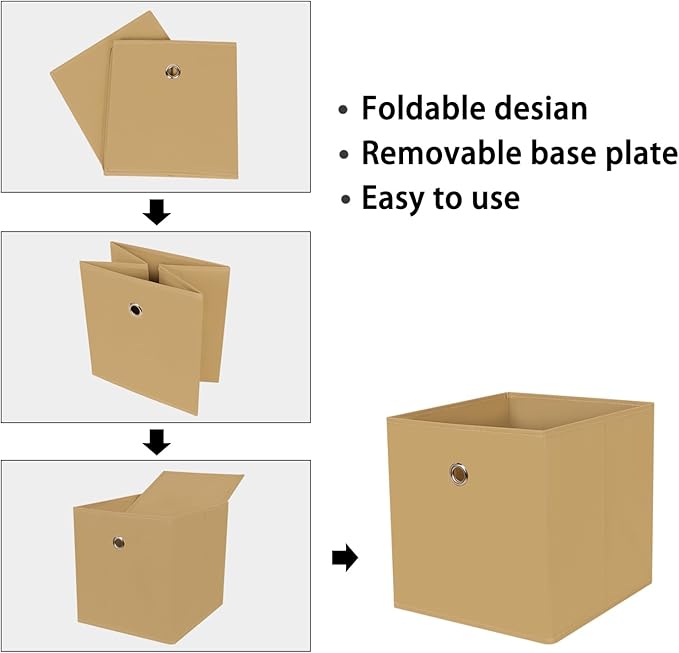 Foldable Storage Cubes Bins ,11 Inch Cloth Storage Cube Fabric Storage Box Cubes Organizer Baskets with Dual Handles for Home Organizer Set of 3 (Khaki)