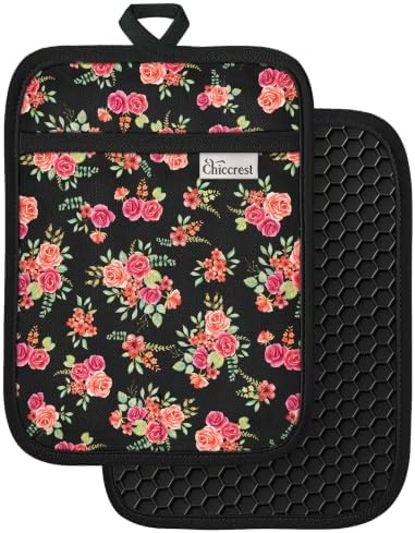 100% Cotton Pot Holders Textured Soft Silicone Grip Pink Rose by chiccrest