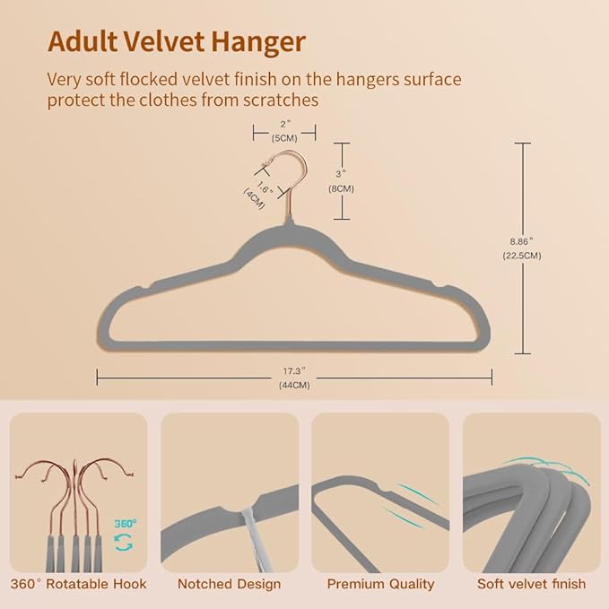 Stormix 36 Pack Velvet Hangers, 17.3 x 8.9 Inches Clothes Hangers, Non Slip Dresses Hangers with Shoulder Notches for Adult Gray - Rose Gold Hook